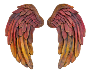 Colorful angel wings with intricate feather details, showcasing blend of red, orange, and yellow hues, perfect for artistic and fantasy themes