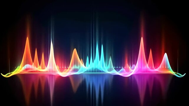 Colorful sound waves in a digital style, viewed from a front angle, resembling an audio visualizer in a music video setting.