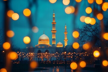 A grand mosque with glowing minarets is framed by warm golden bokeh lights against a blue sky