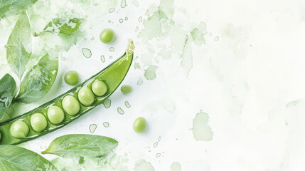 Fresh green peas in pod surrounded by leaves and splashes of color evoke sense of nature and vitality