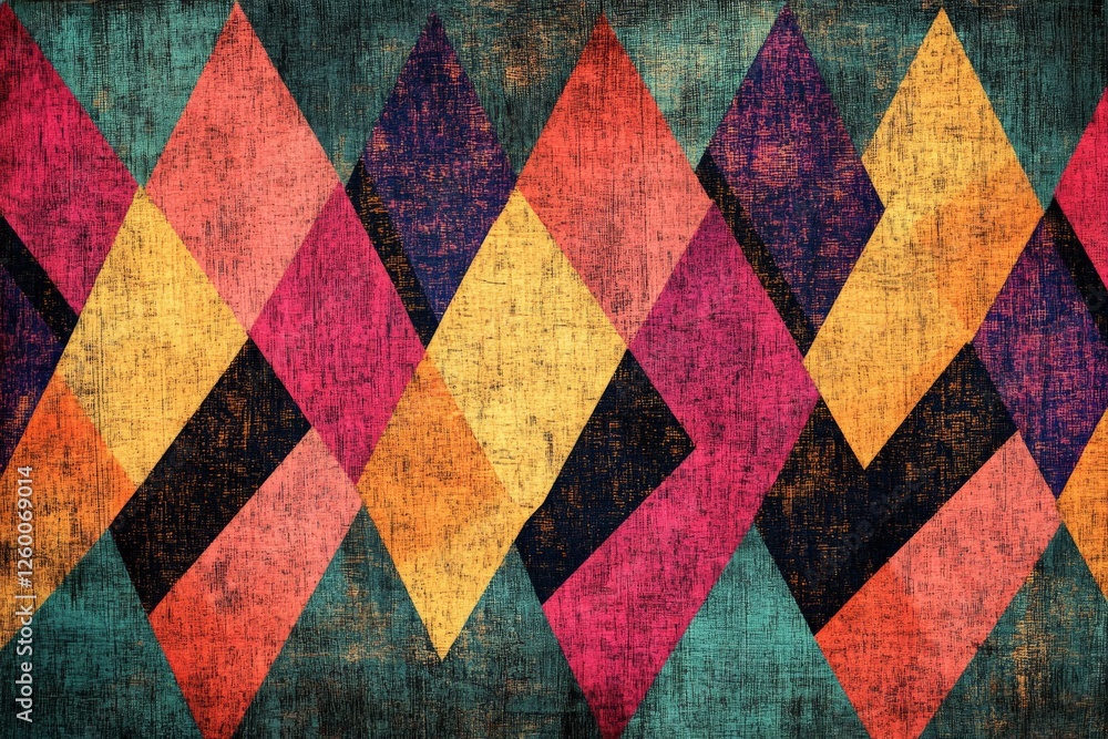 Poster colorful geometric pattern featuring diamonds and triangles in vintage style with textured backgroun