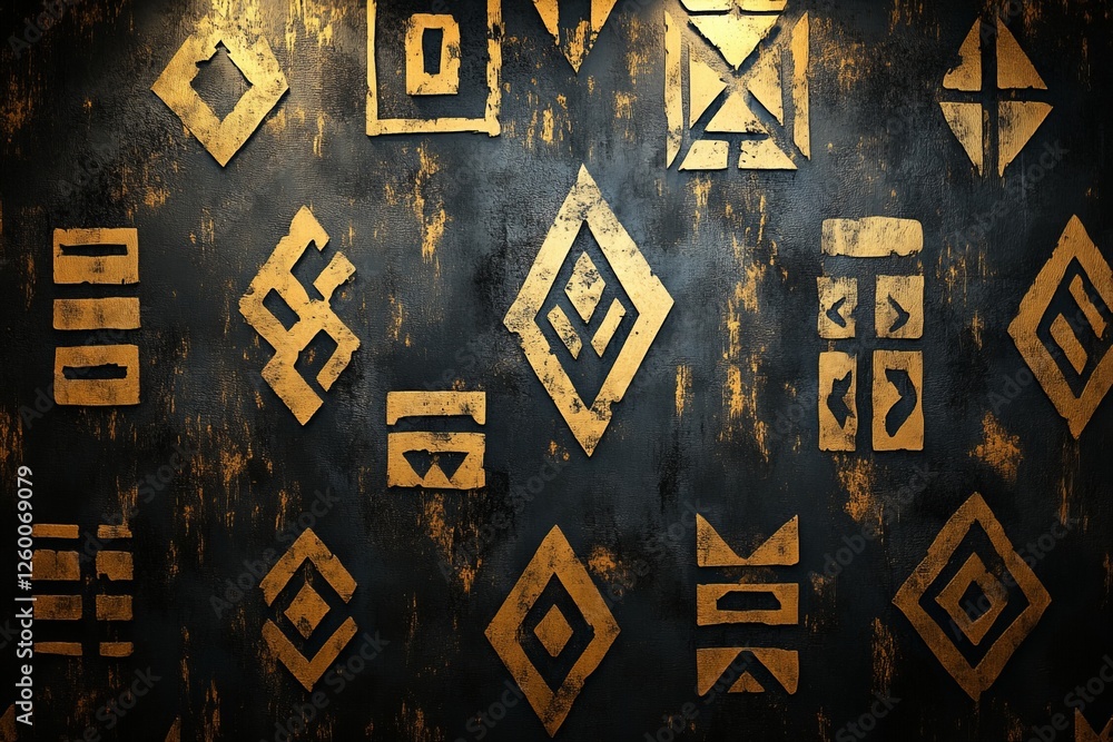 Poster unique geometric symbols and patterns on a dark wall create a striking artistic display in an indoor