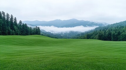 Misty mountain valley with a grassy meadow, perfect for nature photography