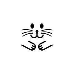 Smiling cat face with whiskers and paws. Minimalist vector illustration.