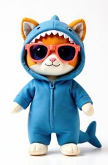Plush toy cat in blue shark costume and color sunglasses. Trendy character, template for notebook, teenager's diary design, on white background
