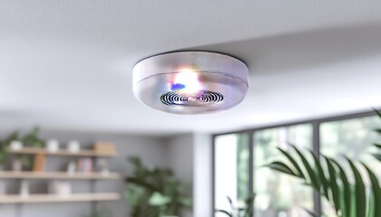 Modern Round Smoke Detector on White Ceiling Office Safety Feature in Bright Workspace