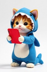 Plush toy cat in blue shark costume with smartphone. Trendy character, template for notebook, teenager's diary design, on white background
