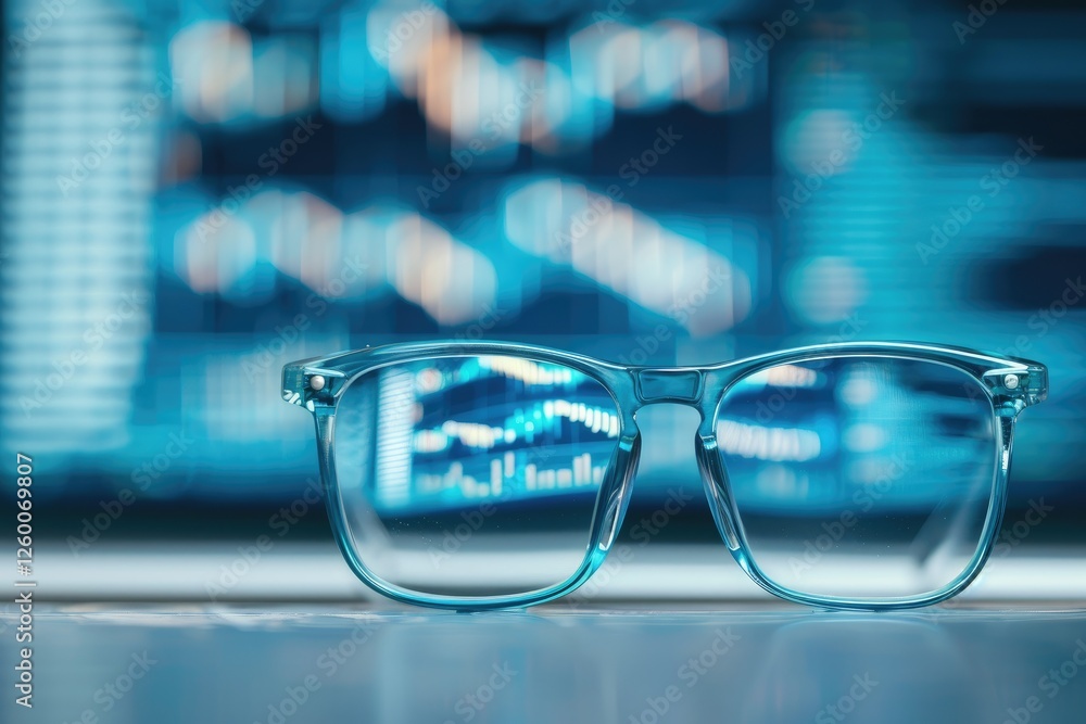 Poster glasses in focus with blurred digital data visualization background