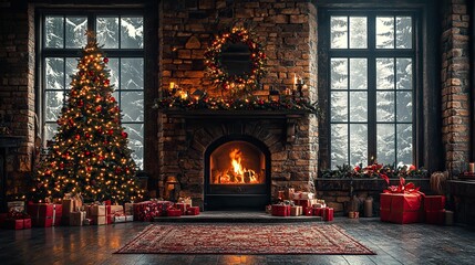 christmas tree with presents and fireplace in classic interior