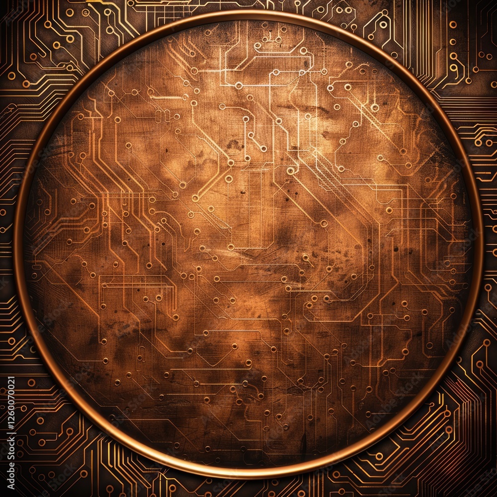 Poster a circular design featuring a textured copper surface with intricate circuit patterns, creating a bl