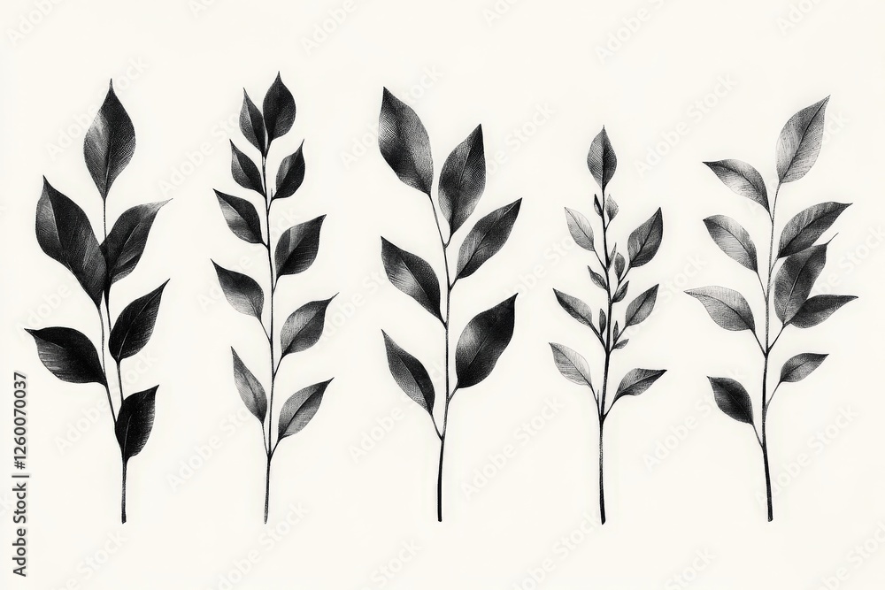 Aufkleber different types of leaves arranged in a row with distinct shapes and shading on a light background