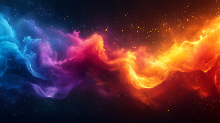 Abstract representation of Holi festival, with colorful splashes and dynamic shapes, digital art, with a focus on energy and joy, glowing effects 