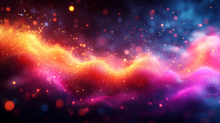 Abstract representation of Holi festival, with colorful splashes and dynamic shapes, digital art, with a focus on energy and joy, glowing effects 