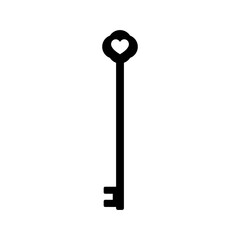 Long door key with heart. Vector silhouette on a white background.