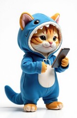Plush toy cat in blue shark costume with smartphone. Trendy character, template for notebook, teenager's diary design, on white background