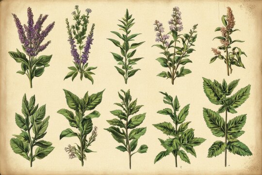 Collection of botanical illustrations featuring various herbs and plants on a textured cream background
