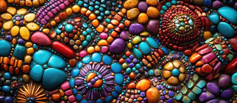 Colorful chaquira accessories featuring vibrant stones in shades of purple, orange, red, and turquoise arranged in intricate patterns on a textured background.