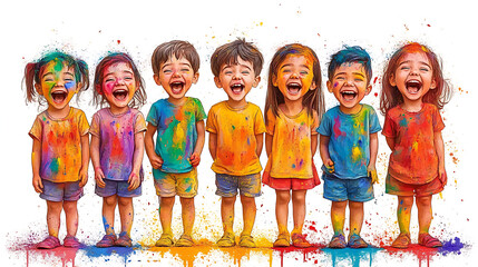 Children laughing and playing with colors during Holi, cartoon style, with exaggerated expressions, bright colors, and a playful, cheerful mood 