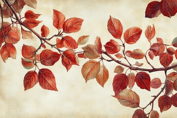 Branches adorned with vibrant red and orange leaves captured in a serene autumn setting