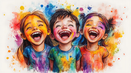 Children laughing and playing with colors during Holi, cartoon style, with exaggerated expressions, bright colors, and a playful, cheerful mood 