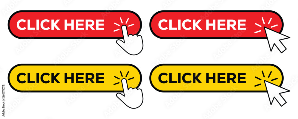 Aufkleber click here button with pointer clicking and mouse cursor stick web button set vector on white backgr