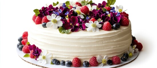 Naklejka premium Delicious white frosted cake adorned with fresh raspberries, blueberries, and edible flowers on top, creating an elegant and vibrant presentation.