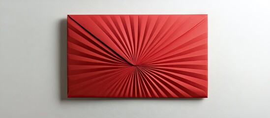 Fototapeta premium Red textured envelope with a sunburst design, centered against a light gray background, showcasing deep folds and a vibrant hue for a striking visual impact.