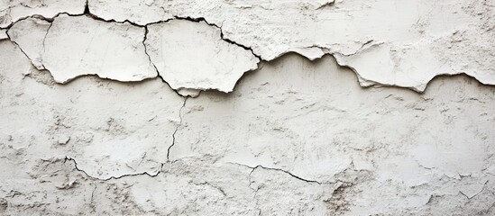 Naklejka premium Cracked textured wall in shades of light gray featuring peeling plaster with horizontal lines and large fissures across the surface.