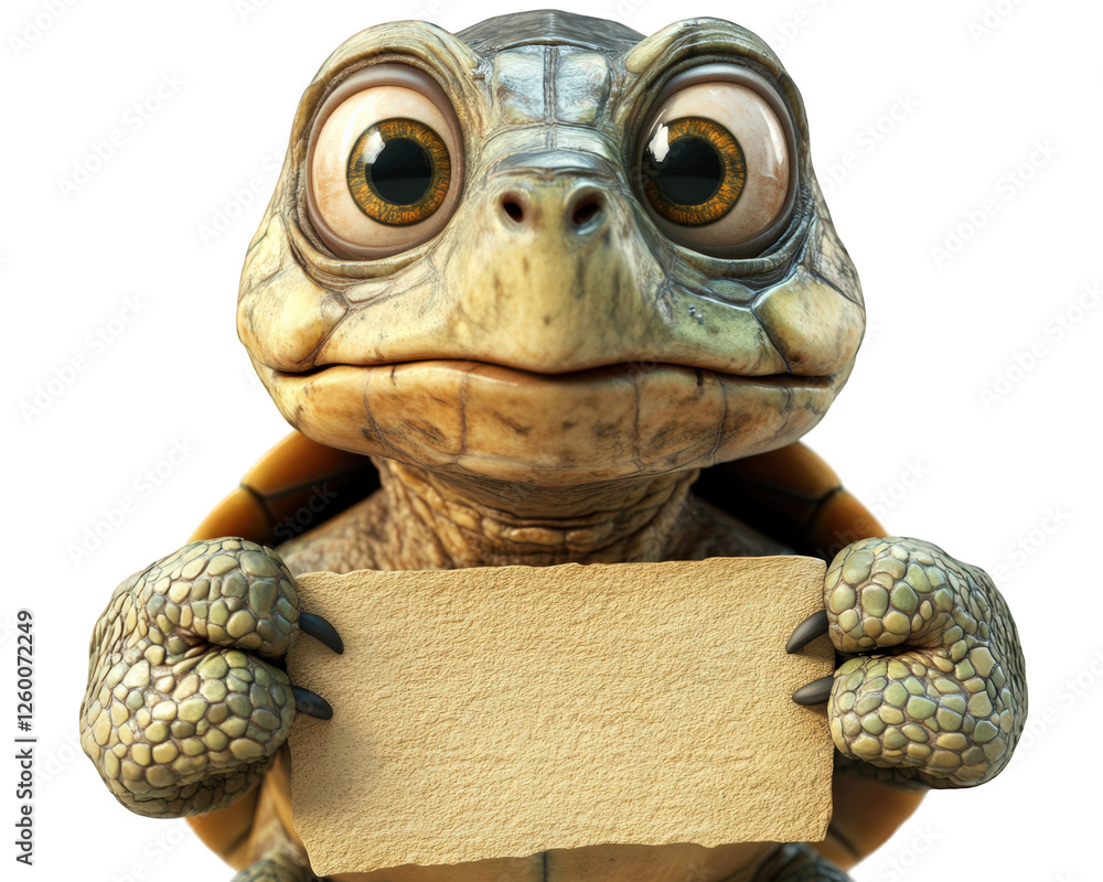 Poster turtle making funny face while holding blank sign, showcasing its expressive eyes and unique texture