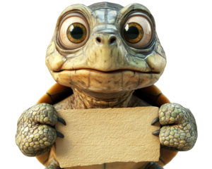 turtle making funny face while holding blank sign, showcasing its expressive eyes and unique texture. This whimsical character adds playful touch to any design