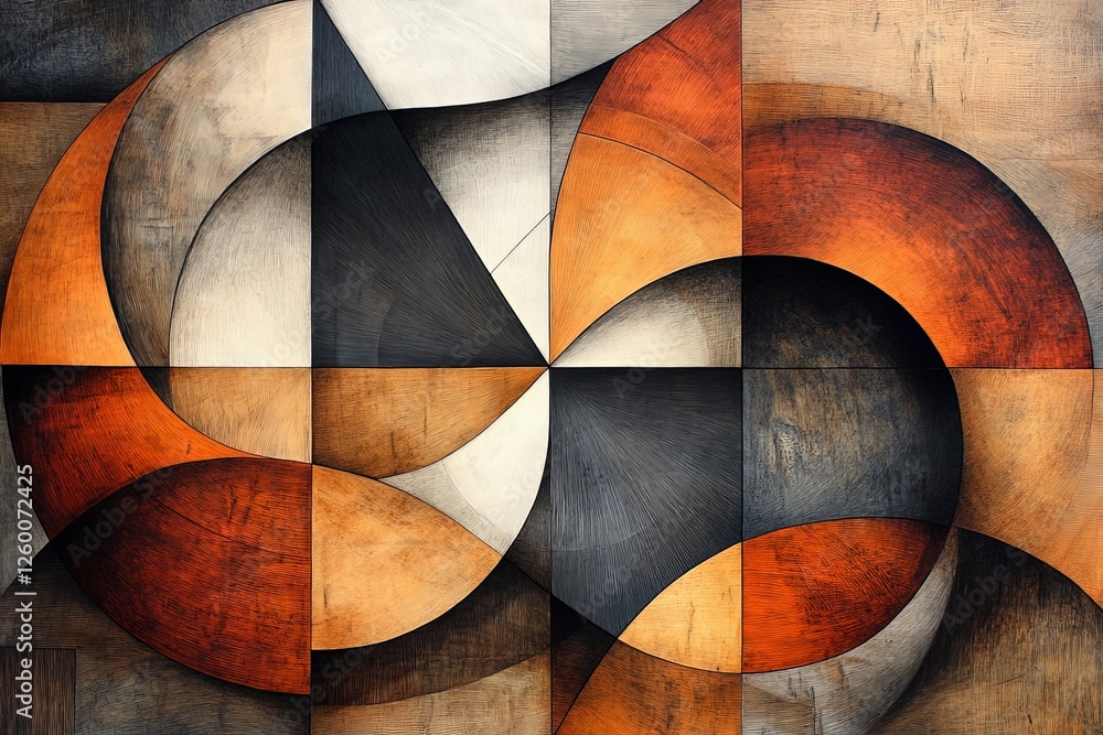 Poster abstract geometric pattern in warm tones displayed on a textured surface in an artistic space