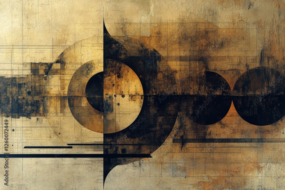 Poster abstract artwork featuring geometric shapes and warm tones creates a striking visual effect in conte