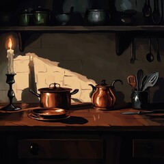 Kitchen scene with copper pots and a lit candle