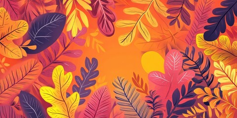 Colorful autumn leaves arranged artistically against an orange background