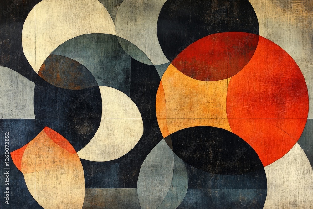 Poster abstract art composition featuring geometric shapes in varying colors on a textured background
