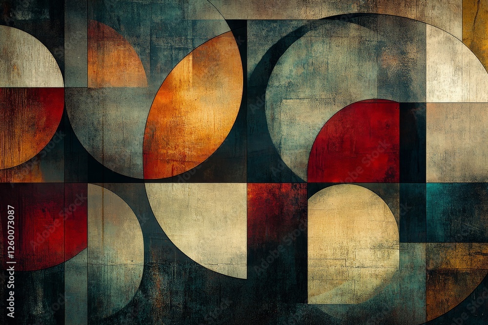 Poster abstract geometric artwork featuring circular shapes and bold colors on a textured background