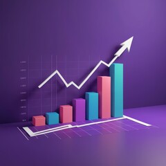 Obraz premium Colorful Bar Graph with Rising Trend Arrow on Purple Background for Business Growth and Financial Success Illustration