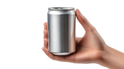 close up of a hand gripping condensed aluminum can that is empty isolated against a white background front vie