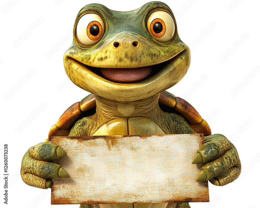 Poster cheerful turtle character holding blank sign, showcasing funny expression. this animated creature is