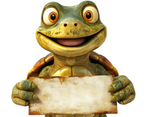 cheerful turtle character holding blank sign, showcasing funny expression. This animated creature is perfect for playful and whimsical themes