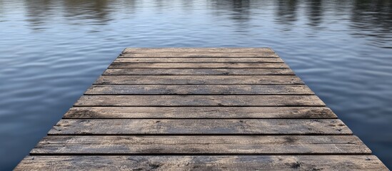 Fototapeta premium Wooden pier extends into calm blue waters reflecting serene surroundings with gentle ripples enhancing the tranquil, peaceful atmosphere.