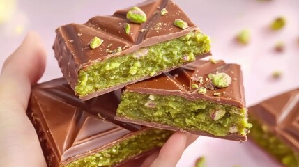 Dubai milk chocolate bar filled with kataifi dough and green pistachio paste