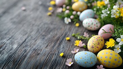 Obraz premium Rustic Wooden Background with Scattered Easter Eggs and Fresh Flowers, Perfect for Festive and Promotional Messages
