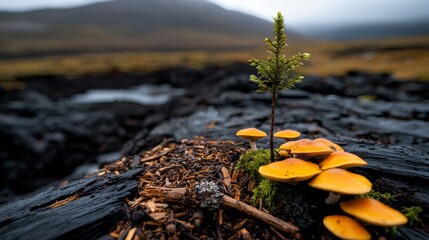 Obraz premium Vibrant Orange Mushrooms Growing Near Young Pine in Lush Landscape Nature Photography Close-Up View Autumn Serenity