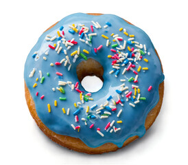 Glazed donut with blue icing and colorful sprinkles on top