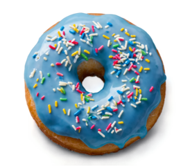 Glazed donut with blue icing and colorful sprinkles on top