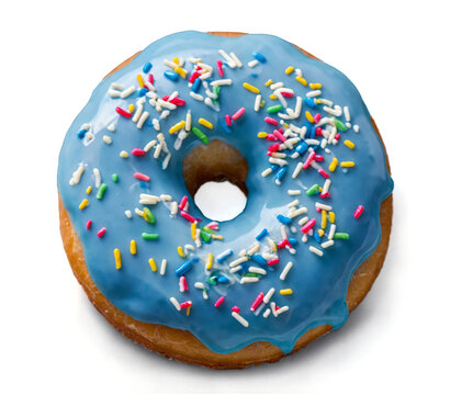 Glazed donut with blue icing and colorful sprinkles on top