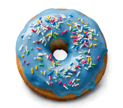 Glazed donut with blue icing and colorful sprinkles on top