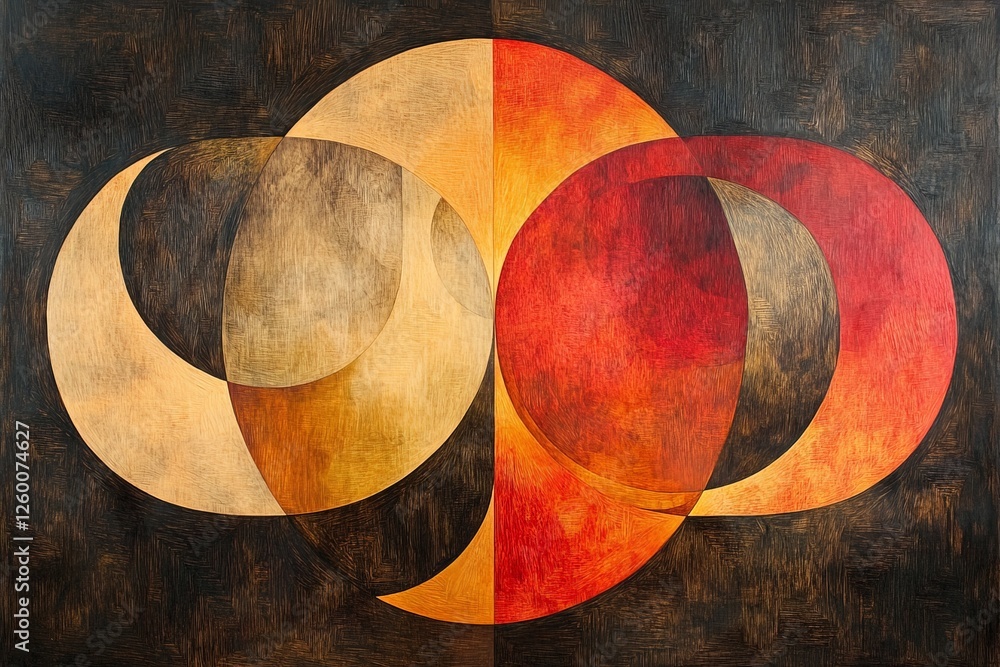 Poster modern abstract art piece featuring interlocking circles in warm colors and textured background in a