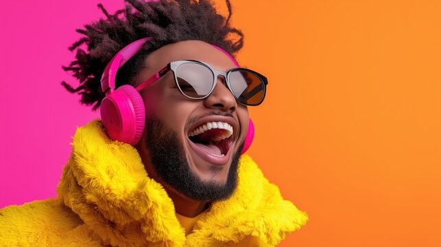Joyful man enjoying music with bright colors in urban setting